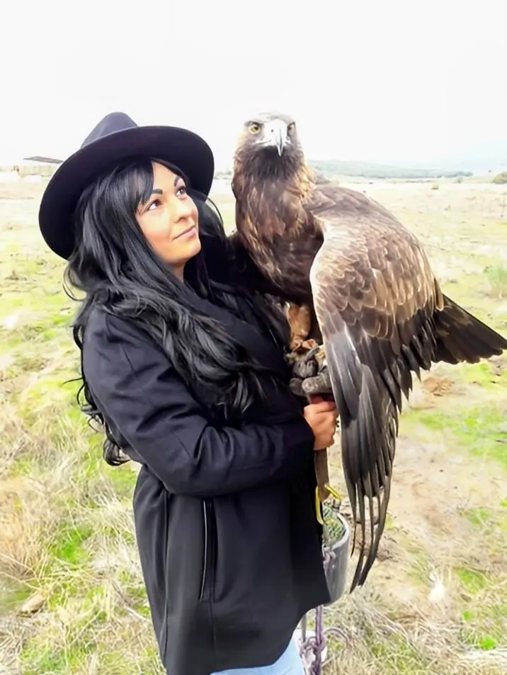 Cetrera con un Harris Hawk en jornada de cetrería en España